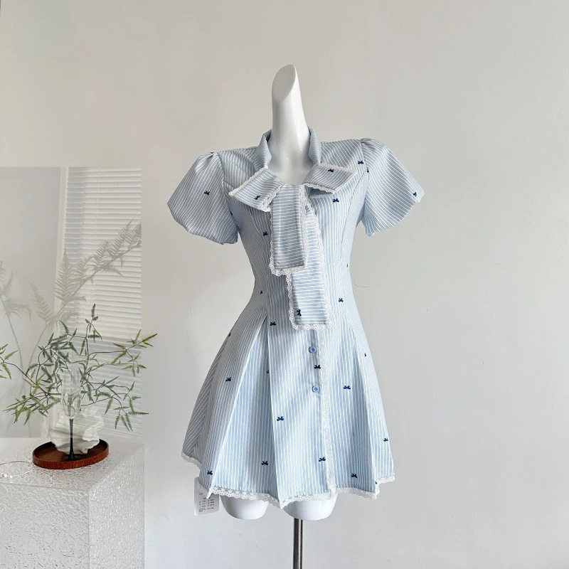 蓝调织物猪原创甜美风花边泡泡袖连衣裙夏季裙子女夏结减龄短裙