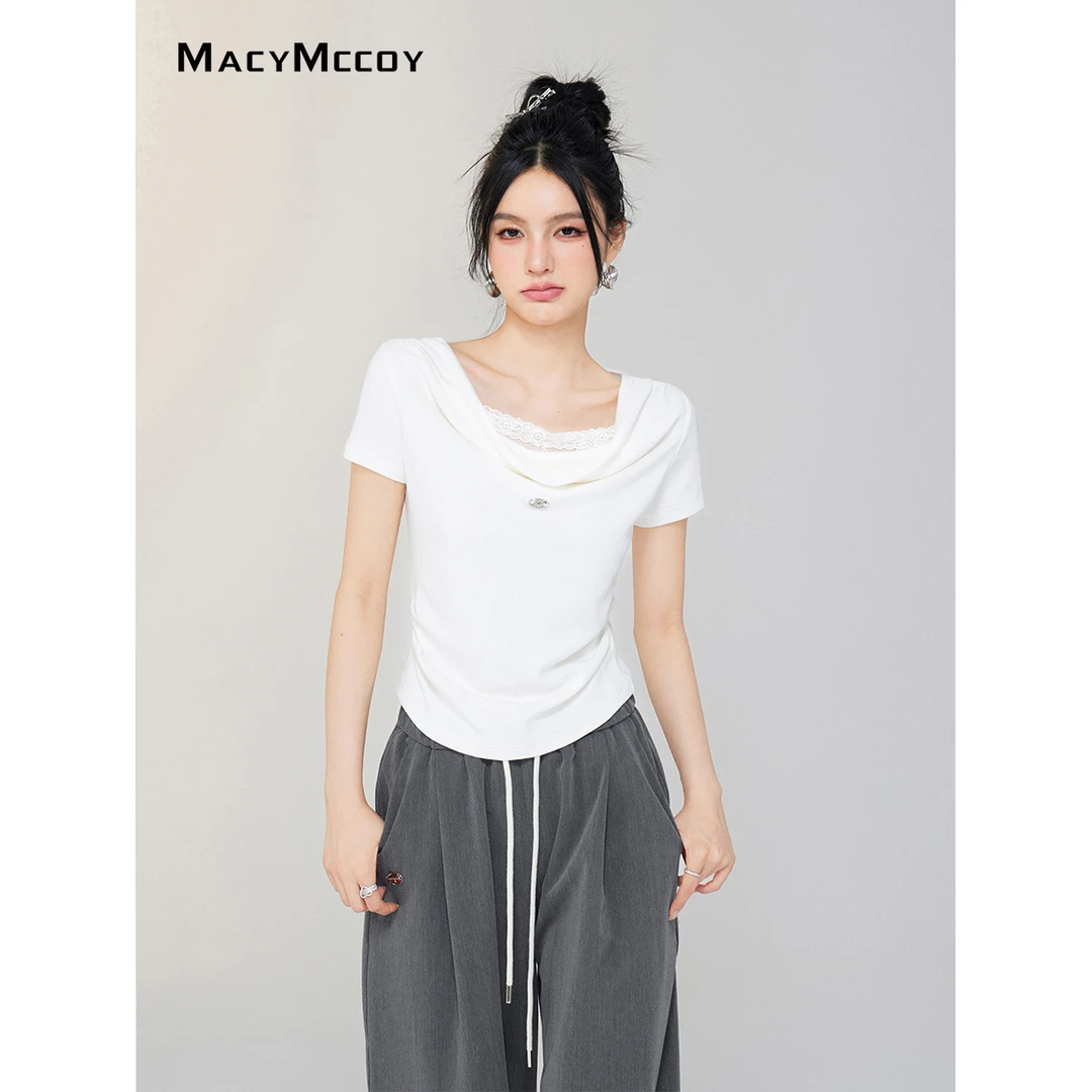 【陈大可专属】MacyMccoy蕾丝拼接褶皱T恤女腰显瘦一字肩堆堆领上衣