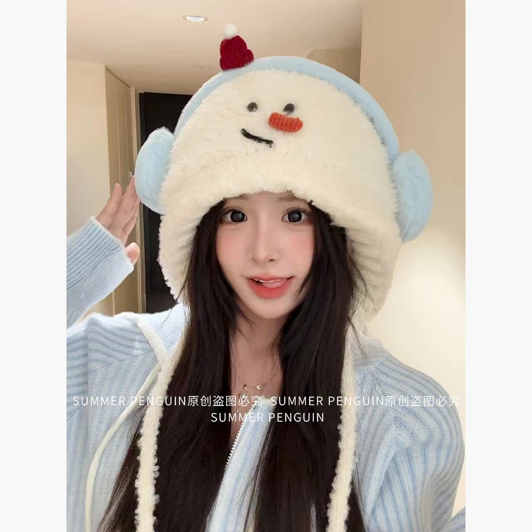 SUMMER PENGUIN卡通可爱耳机毛绒系列针织帽子女冬简约百搭毛线帽