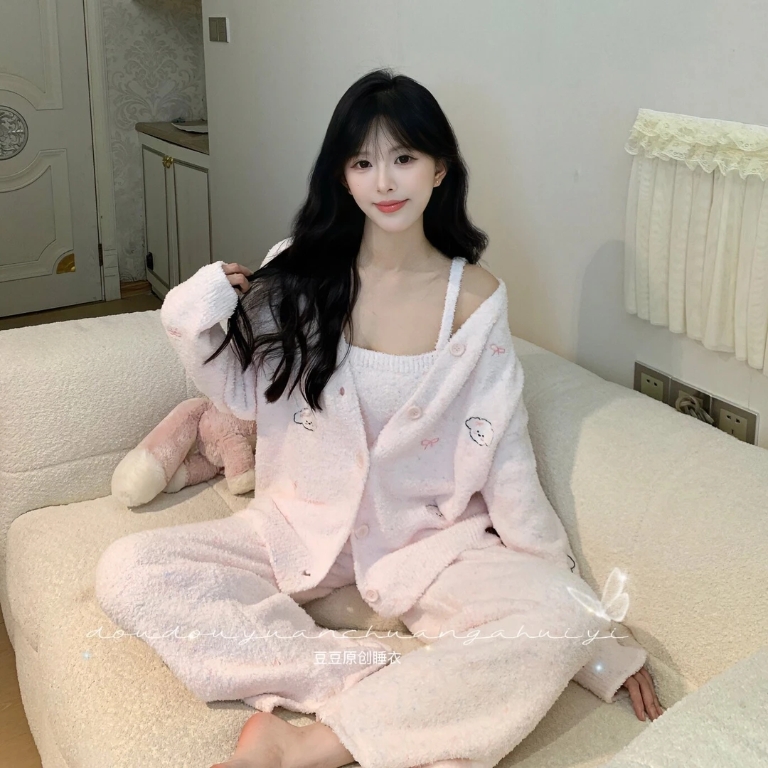 西米【多米宝宝】秋冬半边绒厚绒家居服睡衣女可爱甜美显瘦三件套