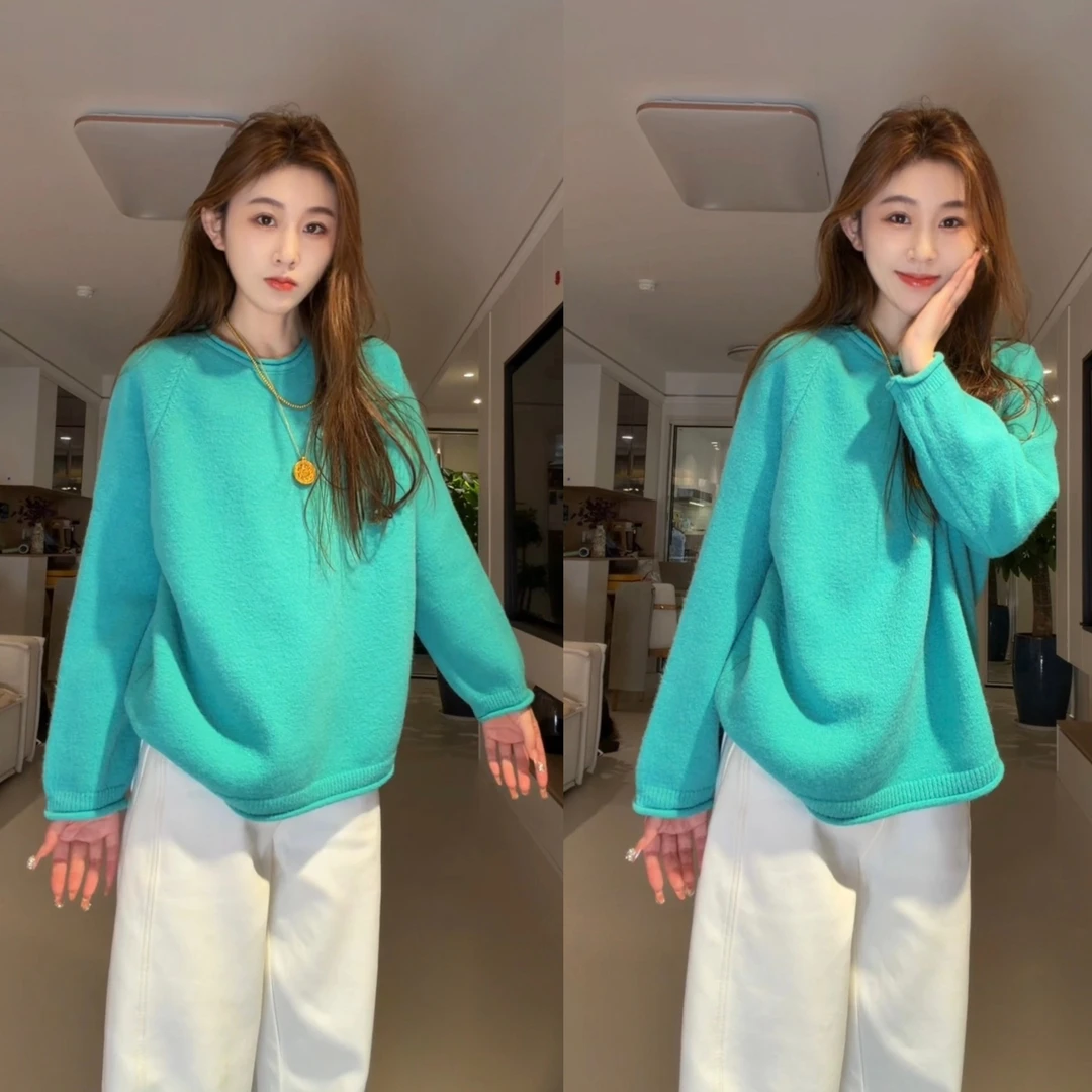 【600高克重】韩系卷边套头针织衫女外穿秋冬慵懒宽松保暖毛衣打底