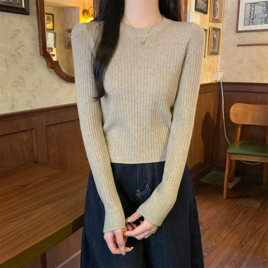 老钱风坑条打底毛衣女秋冬季内搭长袖针织衫紧身显瘦洋气短款上衣