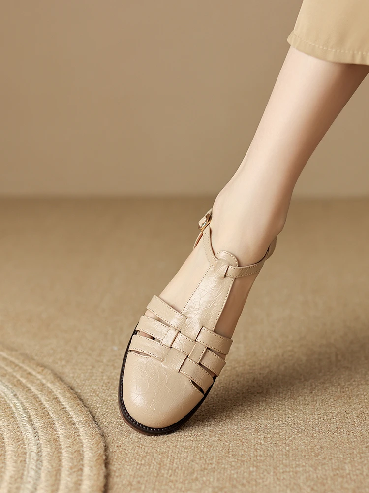 高级感软羊皮法式复古风粗跟编织罗马鞋夏季中跟皮带扣包头凉鞋女