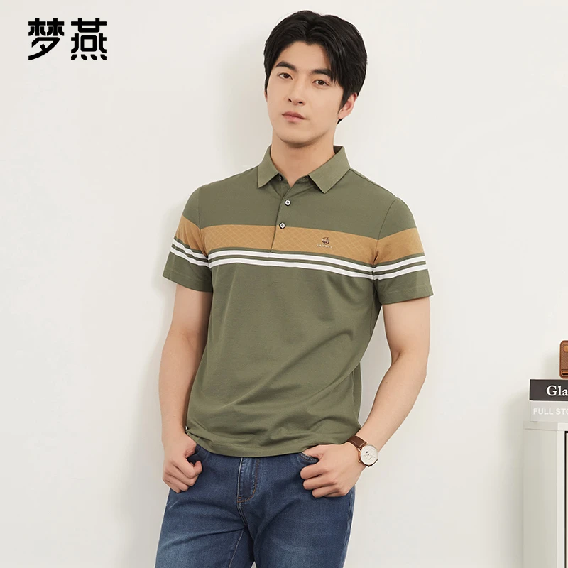 梦燕夏季男时尚百搭条纹T恤宽松休闲舒适简约翻领短袖YA15B5007D
