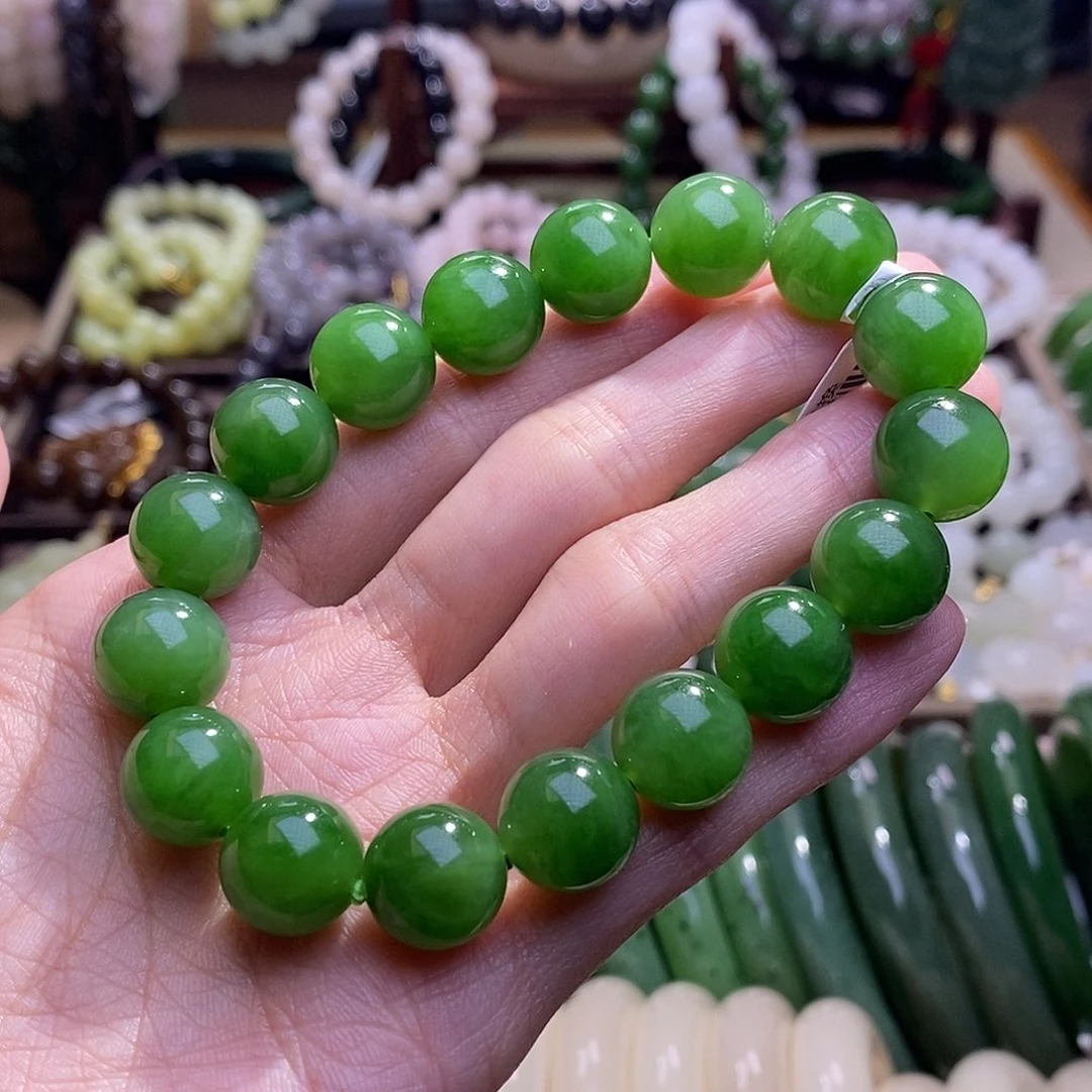 颈饰未镶嵌和田玉碧玉阳绿毕业级手串12MM