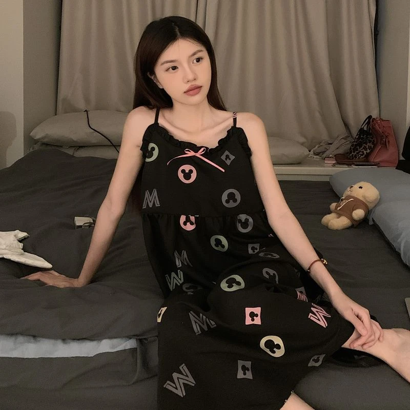 V领透气吊带性感夏季中长款吊带睡裙薄款字母无袖家居服女休闲风