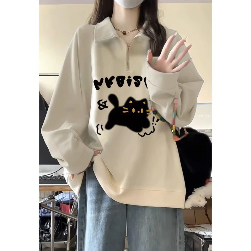 美式高街复古半拉链Polo领卫衣女秋冬季加绒加厚慵懒宽松外套上衣
