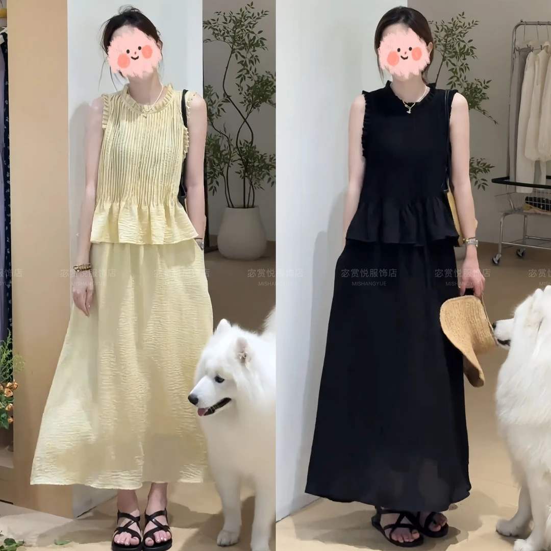 夏季新款出游穿搭韩系高级设计感时尚无袖上衣套装休闲舒适连衣裙