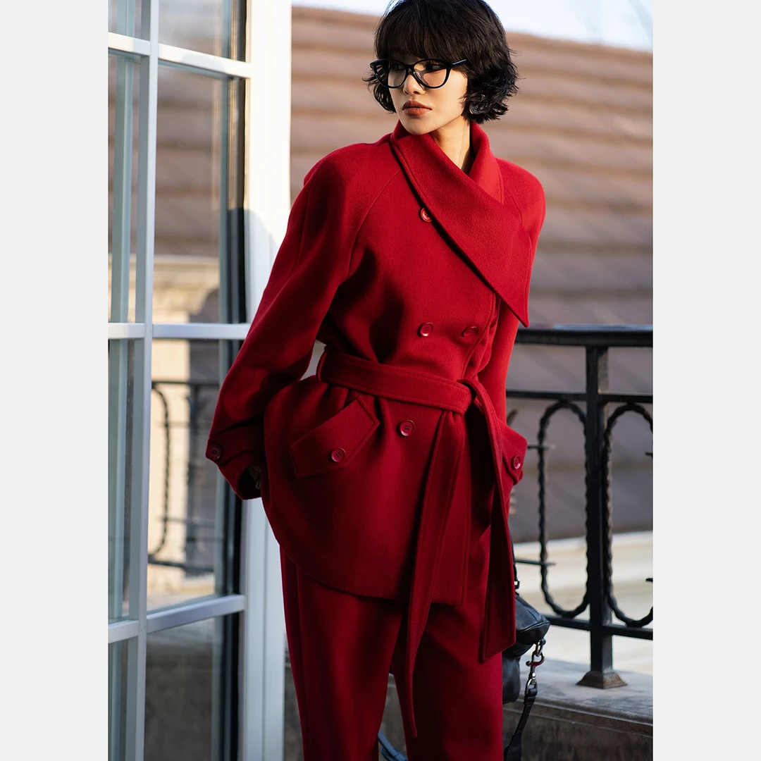 【新岁】超美的新年款大衣羊毛骆驼线正红双排扣大衣中长款