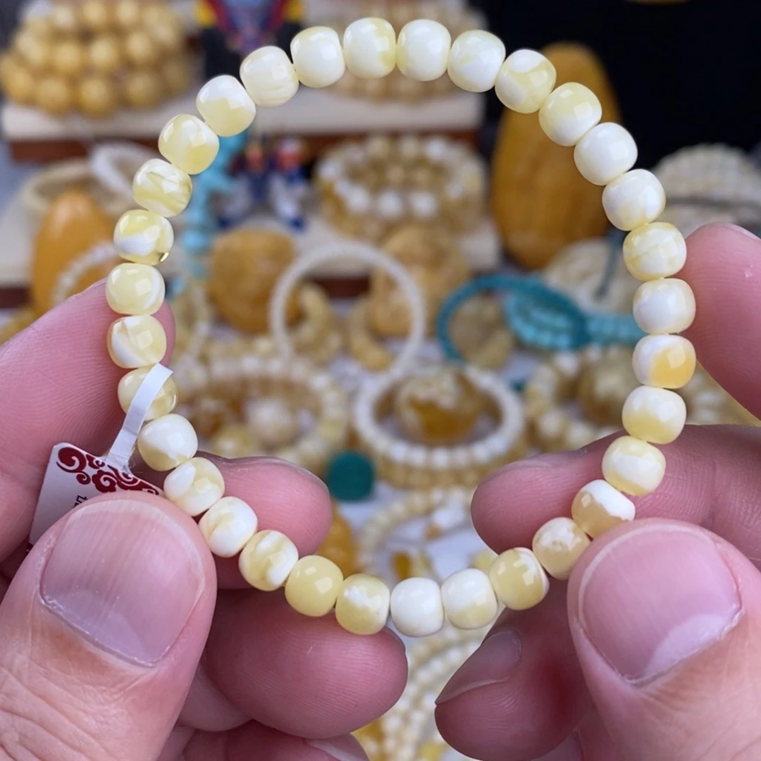 蜜蜡未镶嵌手链瓷白妖花6.5mm高桩