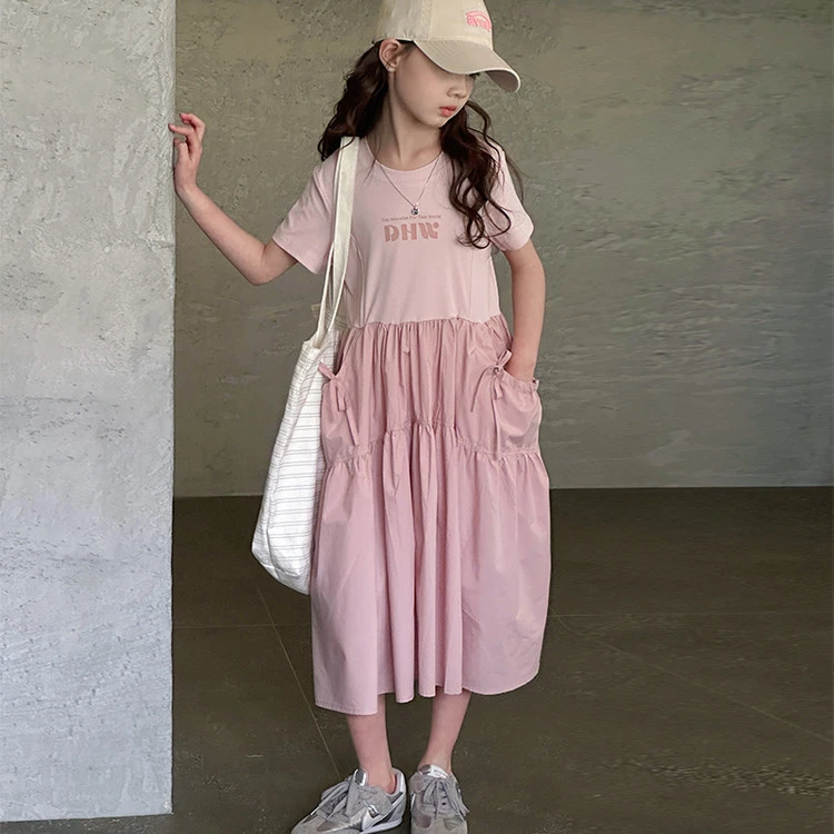 女童连衣裙2025新款夏季儿童洋气时髦短袖中大童休闲百搭拼接裙子