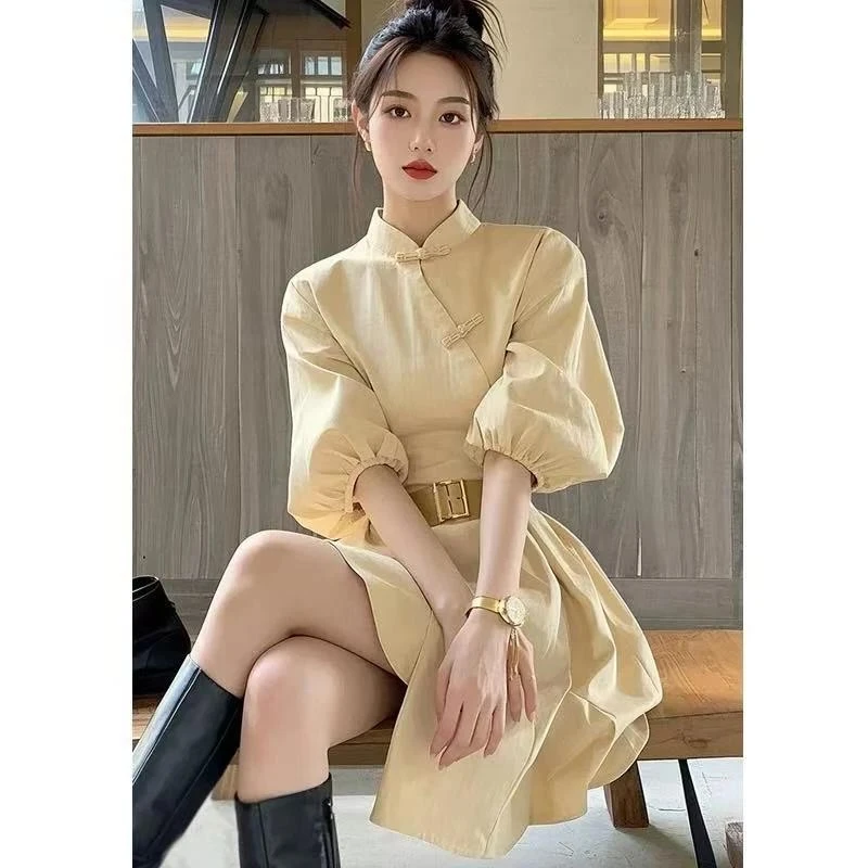 新中式盘扣立领衬衫连衣裙女收腰显瘦短裙2025春夏新款高级感女装