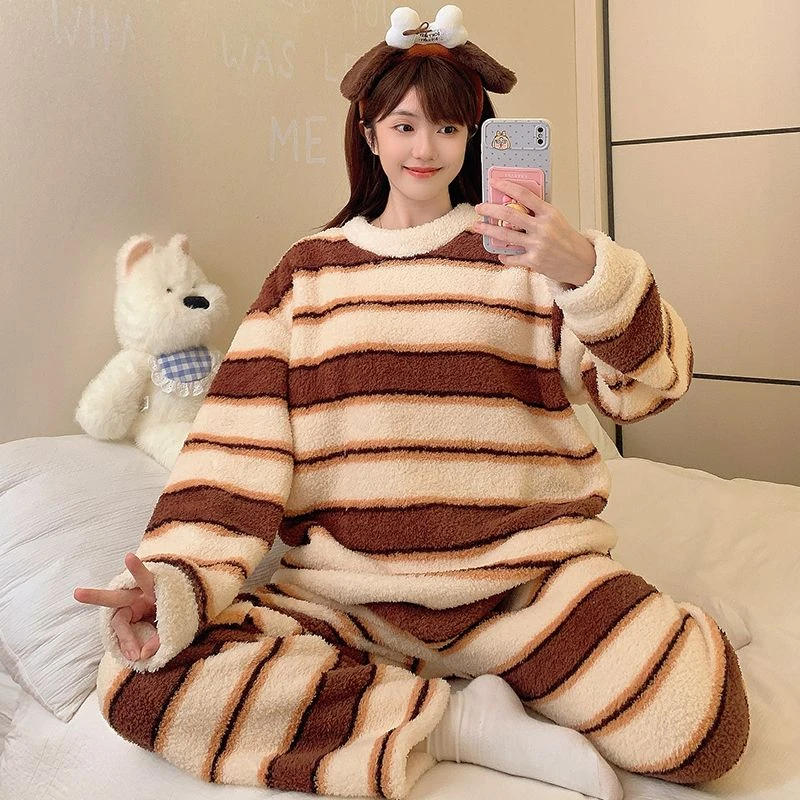 2025新半边绒保暖加厚冬季条纹睡衣家居服套装睡袍冬天加绒家居服