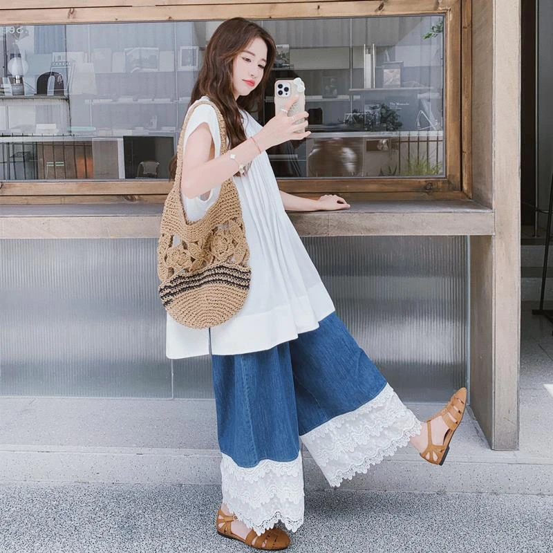 白色甜美减龄宽松娃娃衫蕾丝拼接薄款牛仔阔腿裤两件套女夏季新款