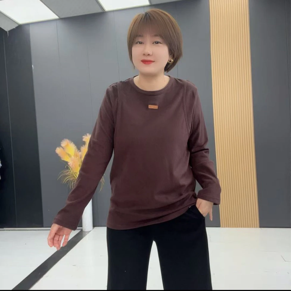 女时尚百搭圆领长袖拼接休闲风透气保暖显瘦立体装饰常规款-1783