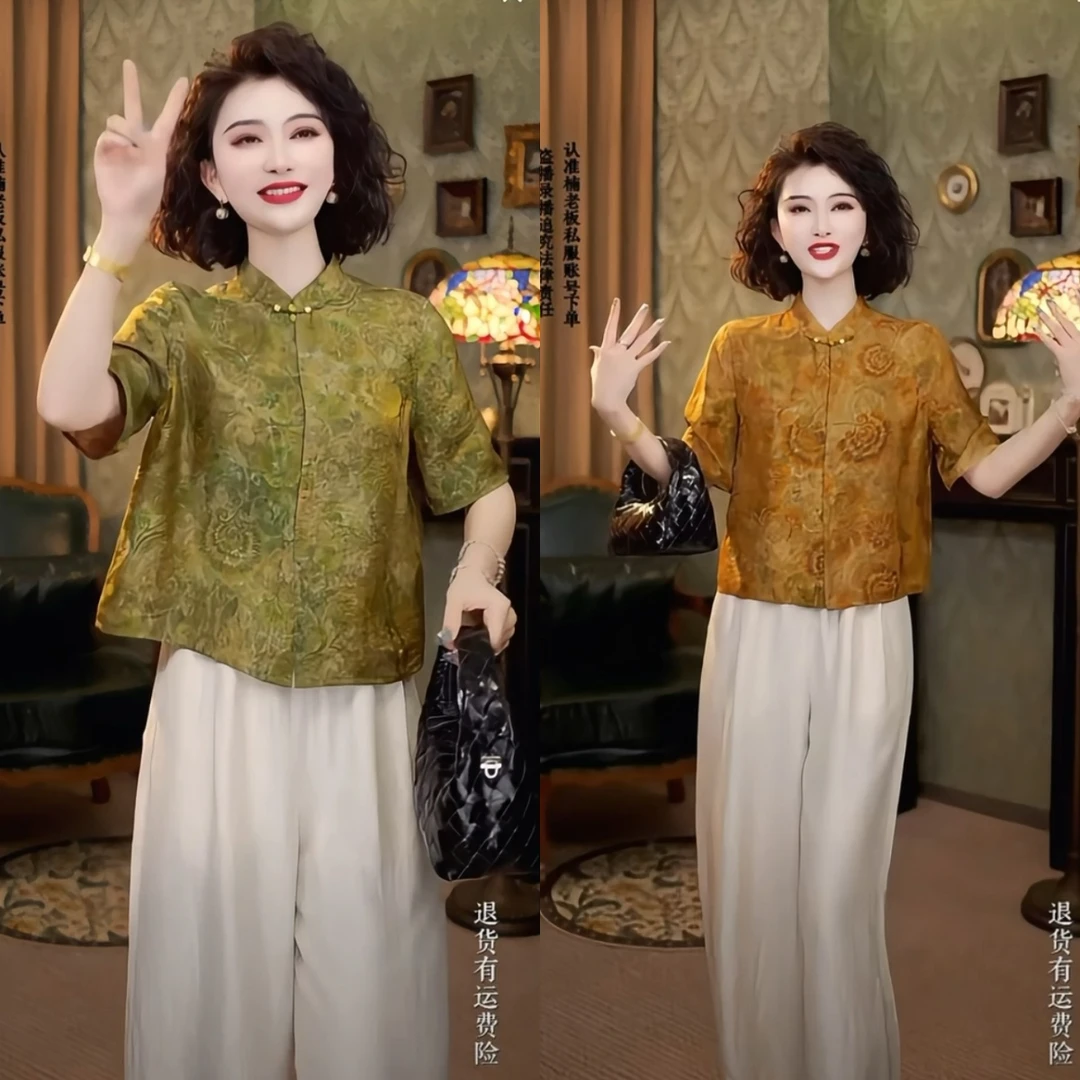 新中式衬衫外套女短袖夏季新款上衣国风提花衬衣