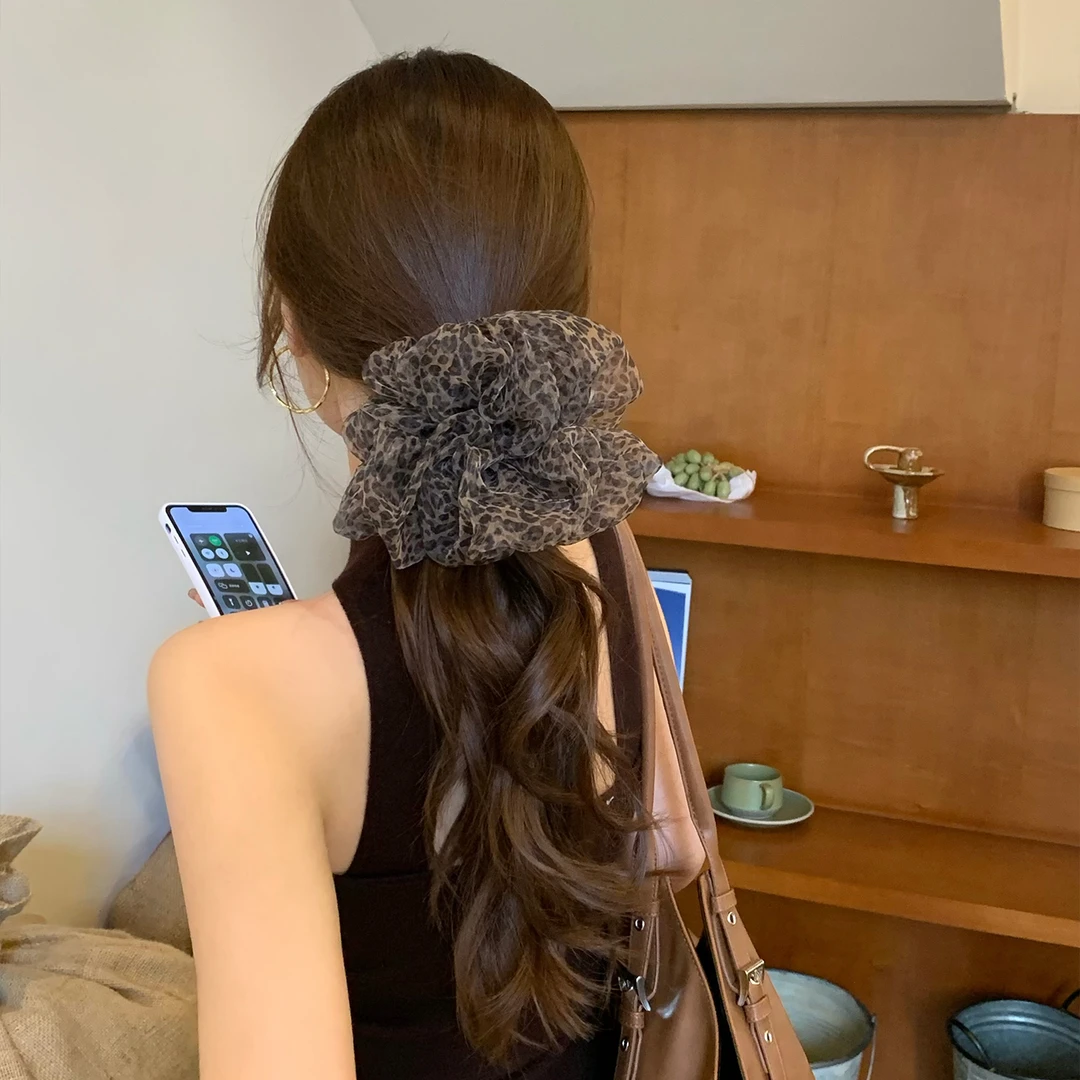 韩系蓬松慵懒风豹纹网纱大肠发圈女高级感马尾辫头绳发饰头花头饰