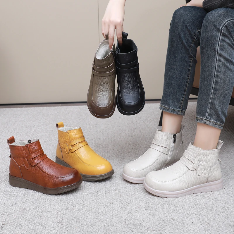 头层牛皮平底羊毛短靴软面软底舒适百搭中年妈妈鞋棉鞋厚底保暖鞋