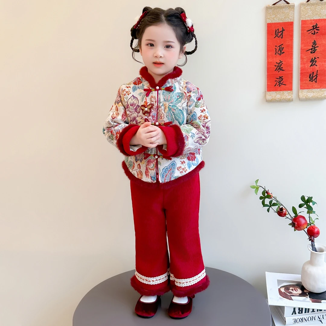 女小童冬装国风2025新款儿童加厚女宝宝洋气流苏燕尾扣年服套装潮