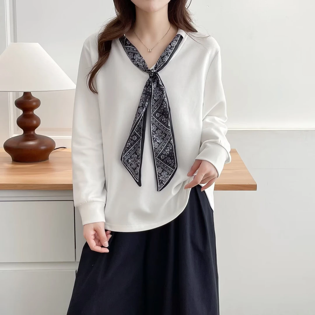 2025直筒型秋季长袖春秋学院风常规拼接T恤气质V领常规款