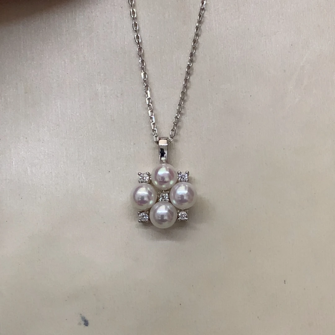 海水珍珠银S925镶嵌颈饰4.5-5akoya四叶草吊坠