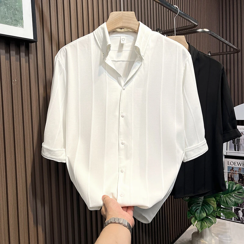 高级感条纹短袖衬衫男士夏季半袖修身衬衣潮牌痞帅休闲薄款七分袖