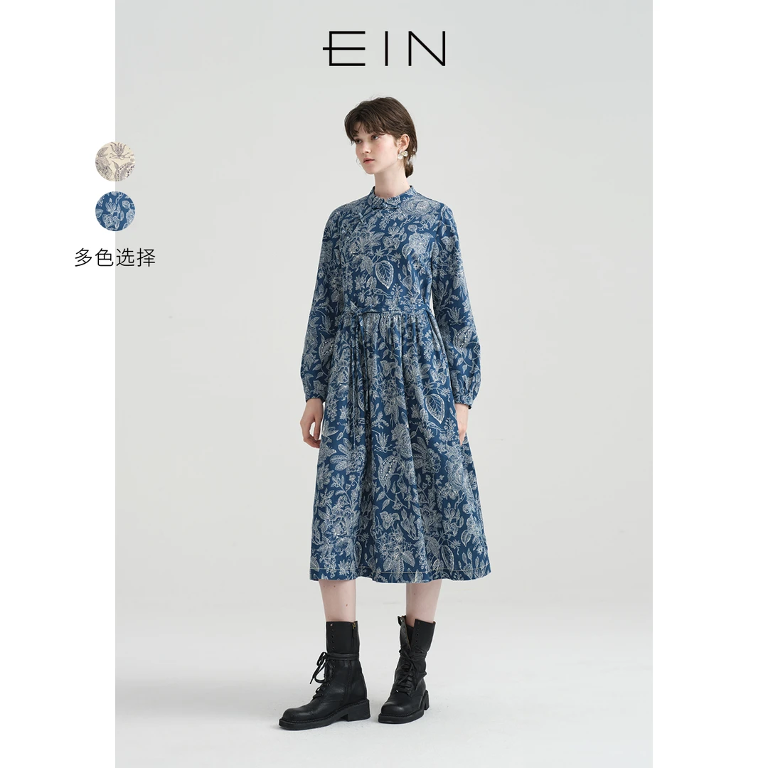 EIN/言国风百花集 水墨线描印花中式盘扣斜襟高腰连衣裙25春款