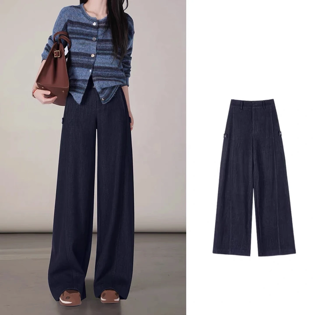 缎光仿牛仔工艺香蕉裤2025秋冬新款丹宁蓝加绒加厚高腰窄版直筒裤