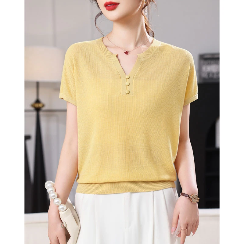 【香嘉怡新品】XJYE9932女士100莱赛尔剪刀领纽扣套头夏季百搭显瘦