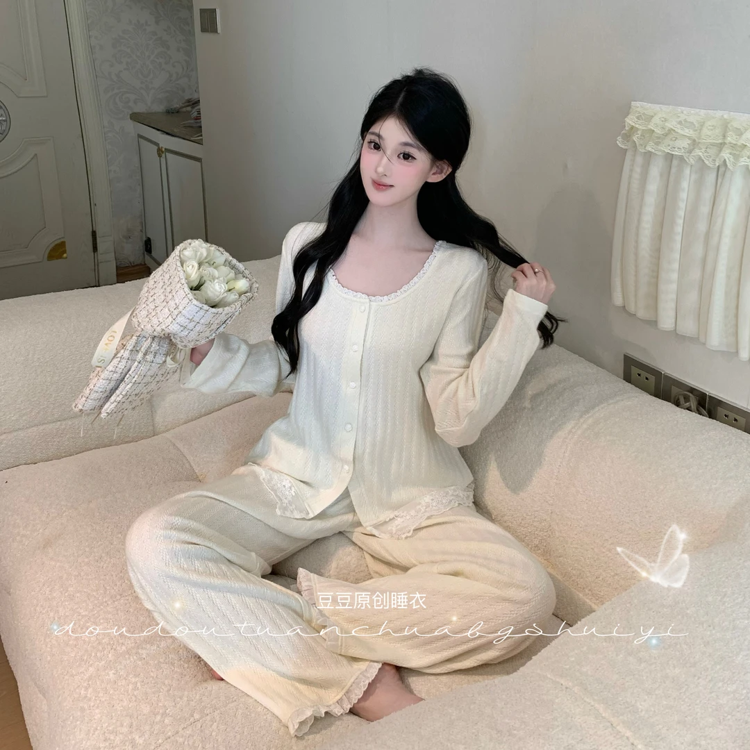 豆豆【月光织语】长袖长裤纯欲显瘦秋冬季女套装法式睡衣