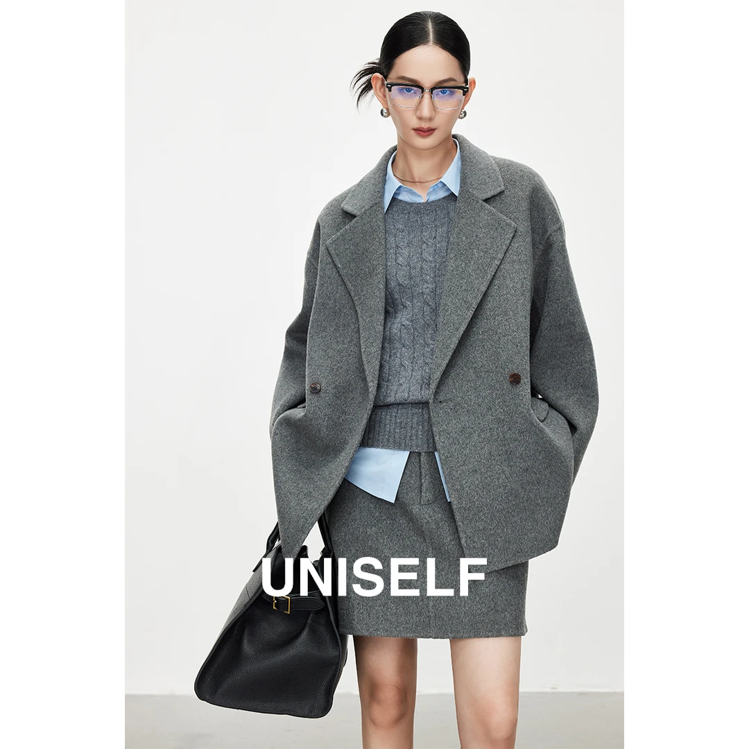 UNISELF高智感静奢双面呢大衣2025新款时尚宽松西装领外套100999
