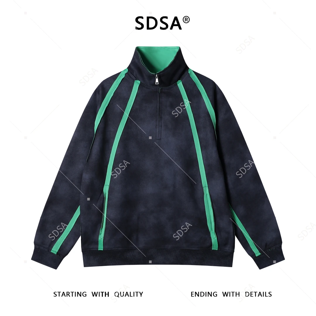 SDSA男士秋冬新款痞帅男装扎染撞色织带半拉链立领卫衣宽松休闲