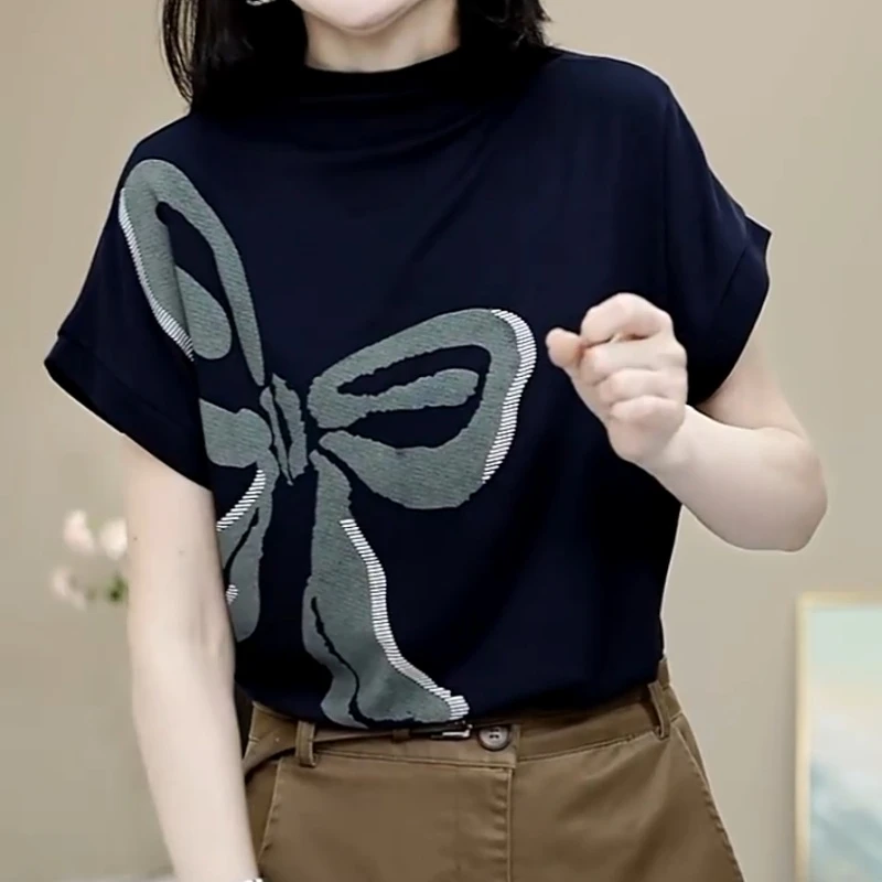 新款半高领短袖T恤休闲遮肚时尚百搭印花上衣减龄显瘦LK2505193