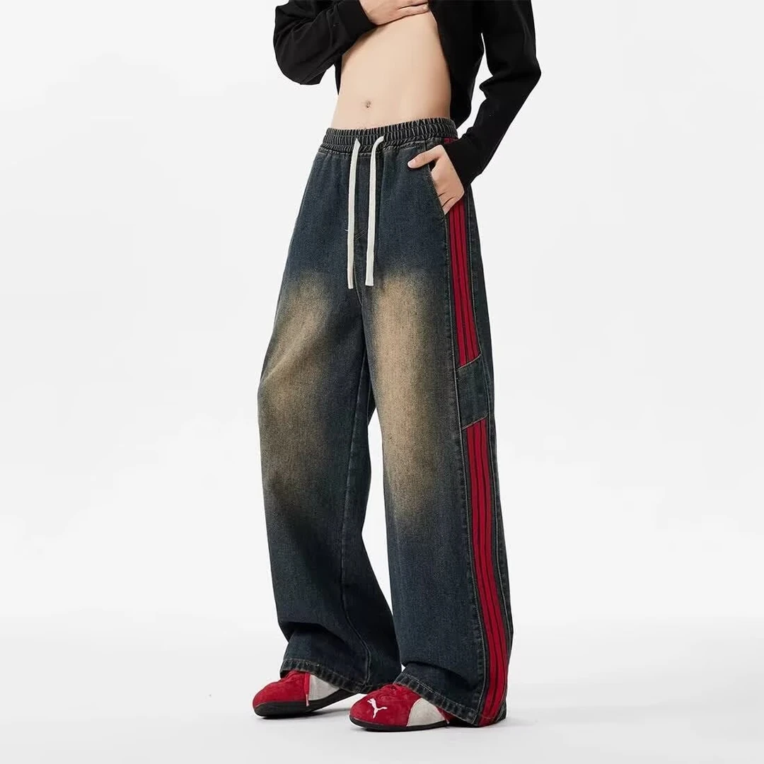 复古蓝条纹牛仔裤男款潮牌hiphop水洗做旧裤子美式微喇直筒长裤潮