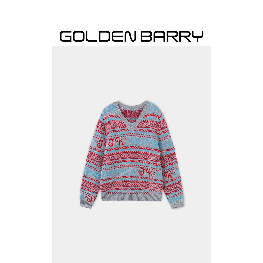 GOLDENBARRY|241270复古老钱风V领提花毛衣