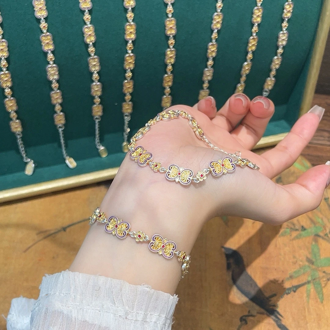 银9999新中式复古描金如意手链时尚百搭简约气质精致素款轻奢中古