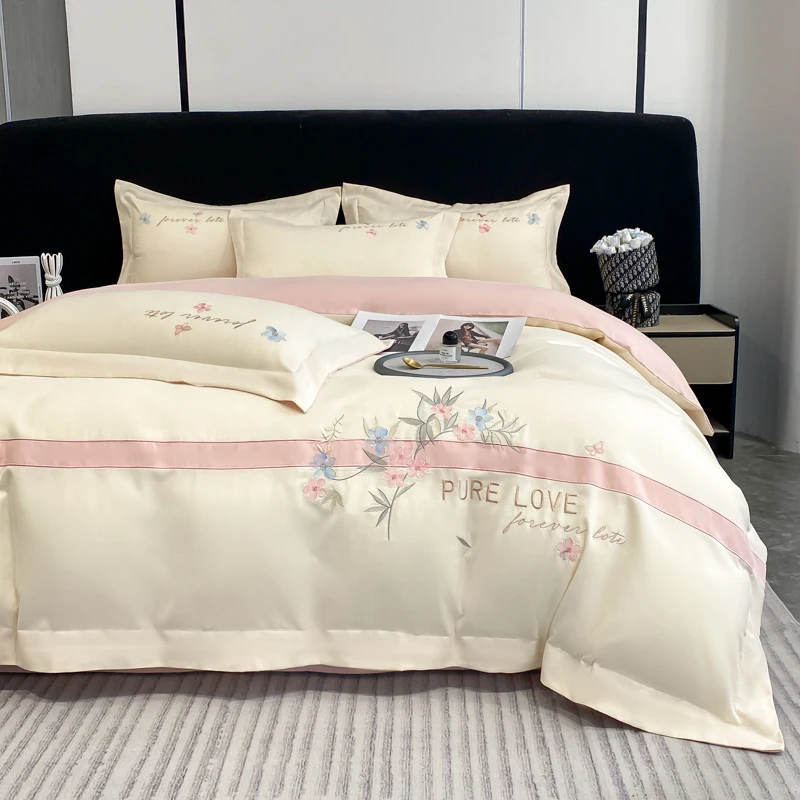 新款A类轻奢高级感纯棉100全棉简约花卉刺绣四件套床上用品