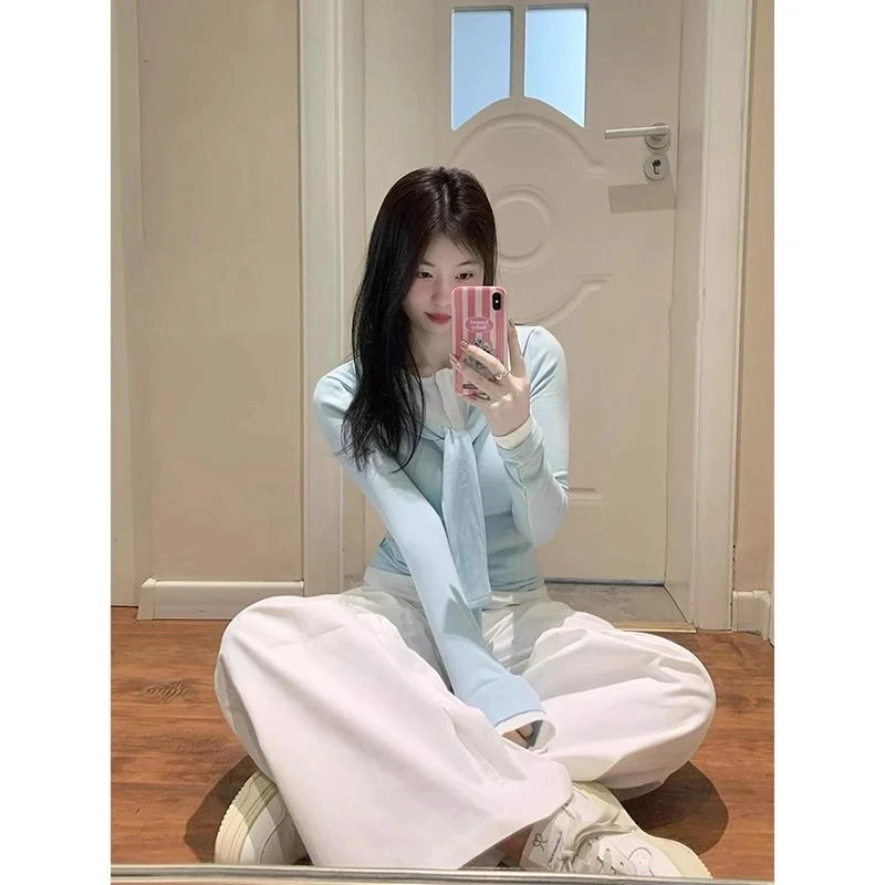 韩系休闲秋季薄款浅蓝色修身显瘦假两件长袖内搭打底衫上衣女ins