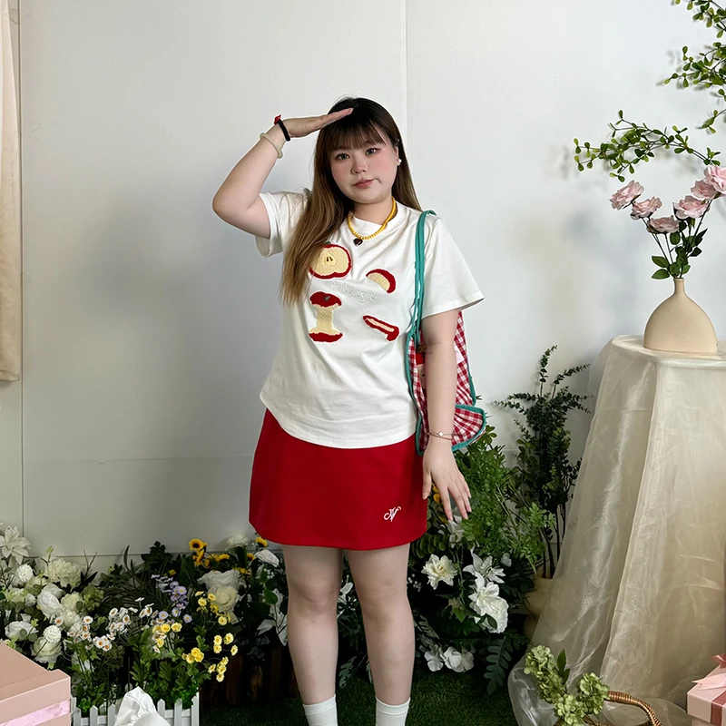 DD847毛巾绣花工艺圆领短袖T恤女夏季红色高腰短裙休闲百搭套装女