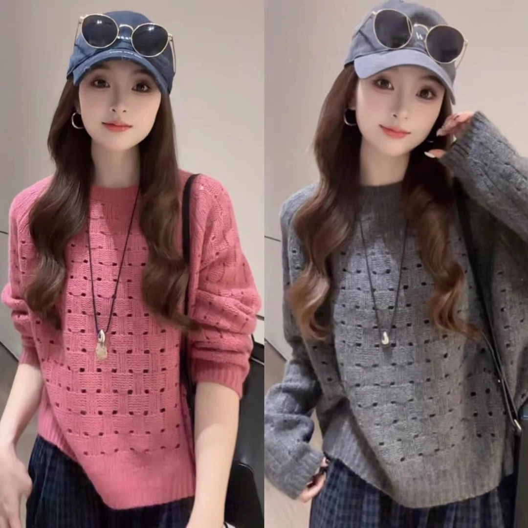 秋季氛围感宽松超好看针织衫女慵懒风套头圆领镂空显瘦毛衣外套
