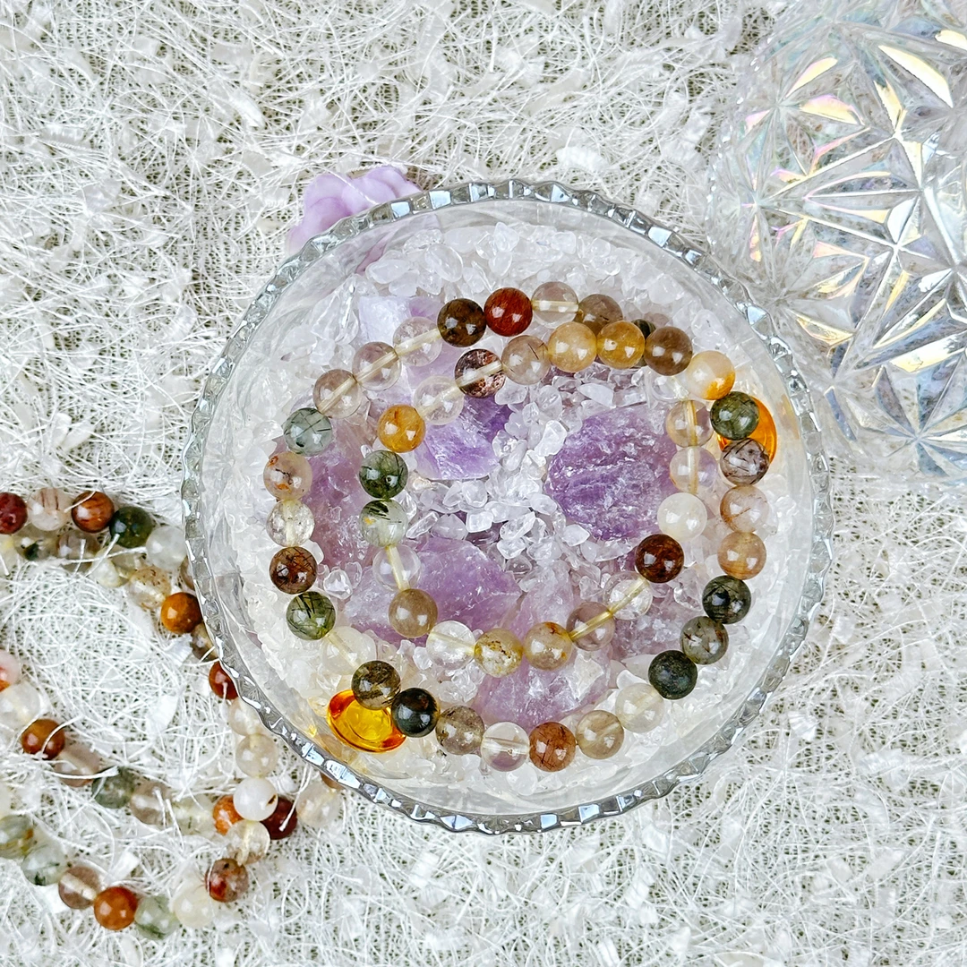 五岳名山天然彩发晶手串纯天然女生时尚水晶素圈圆珠手链水晶手串