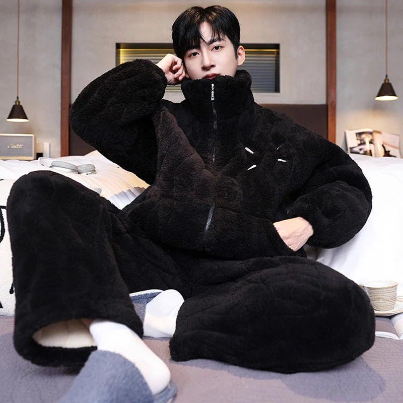 湖南省省服睡衣男秋冬款三层夹棉加厚珊瑚绒休闲舒适家居服可外穿