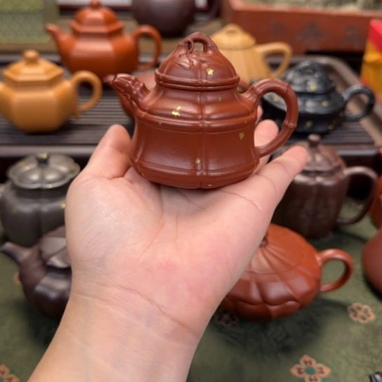 紫砂茶壶六方竹鼎洒金