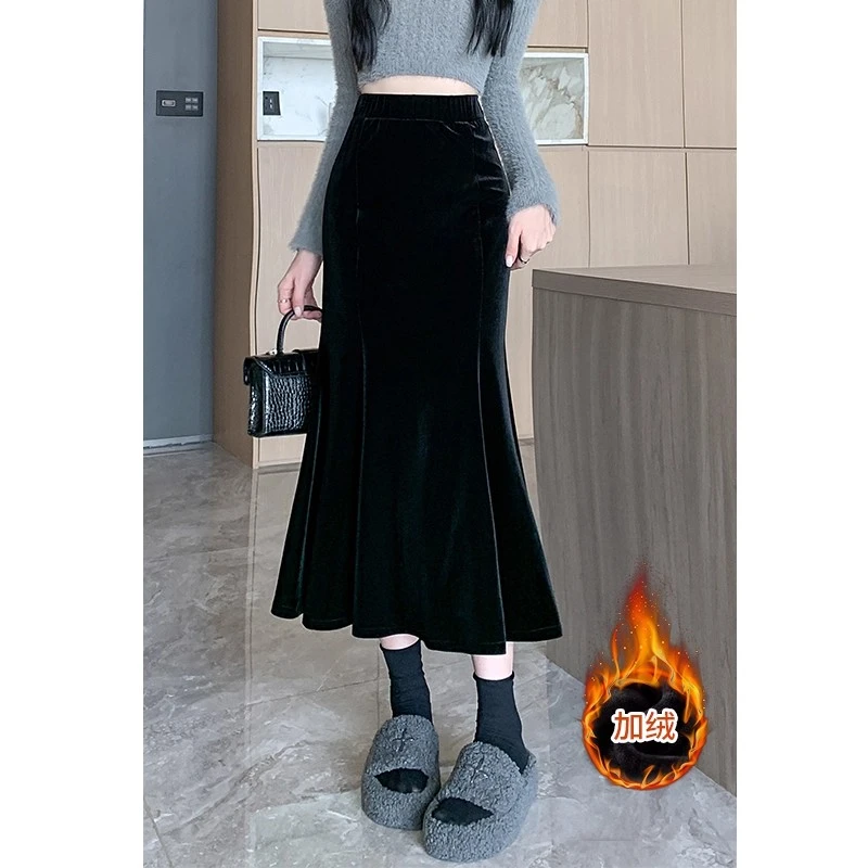金丝绒高腰鱼尾裙半裙半身裙女秋冬新款加绒加厚包臀气质中长裙