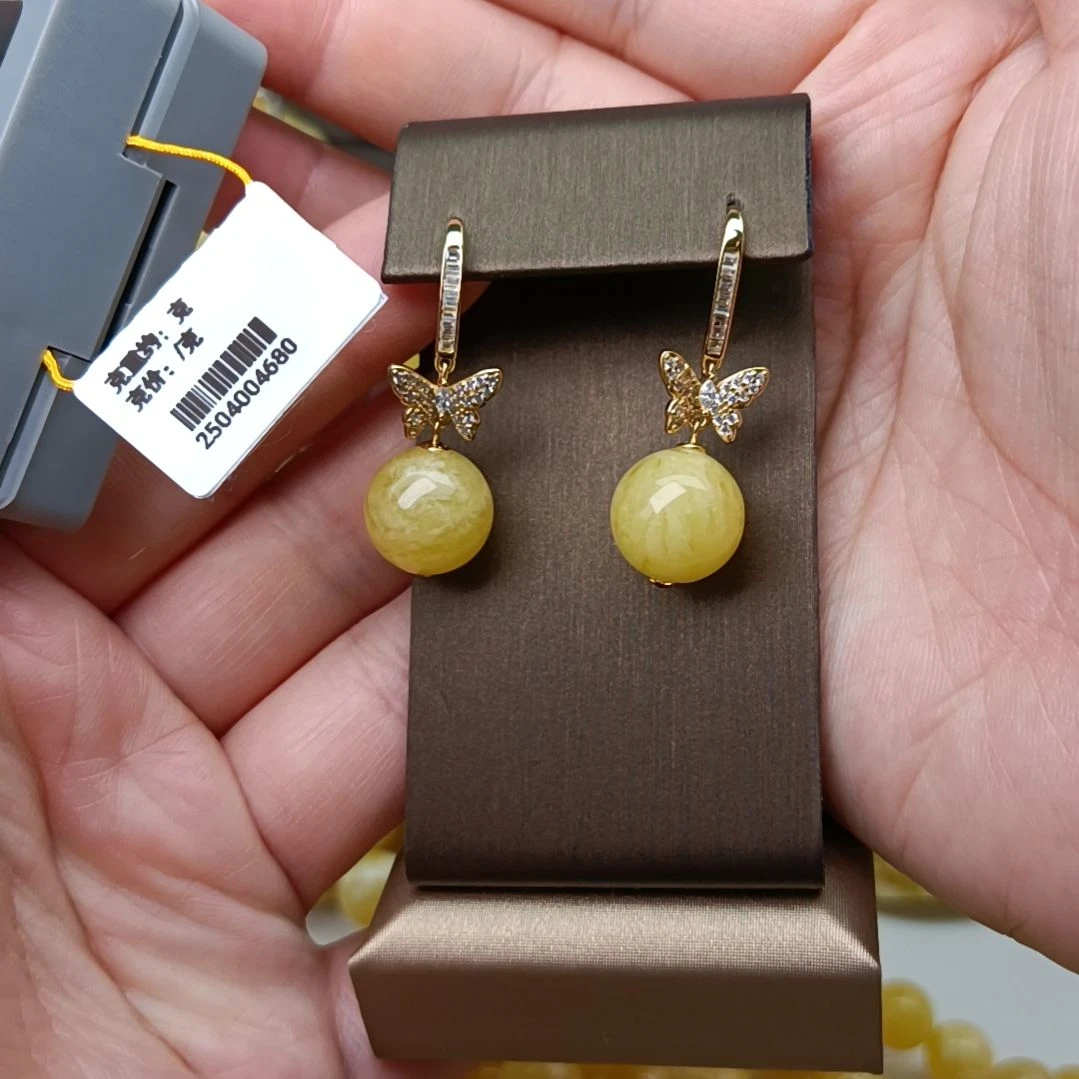 银S925镶嵌蜜蜡耳饰12圆珠浓蜡虎皮纹