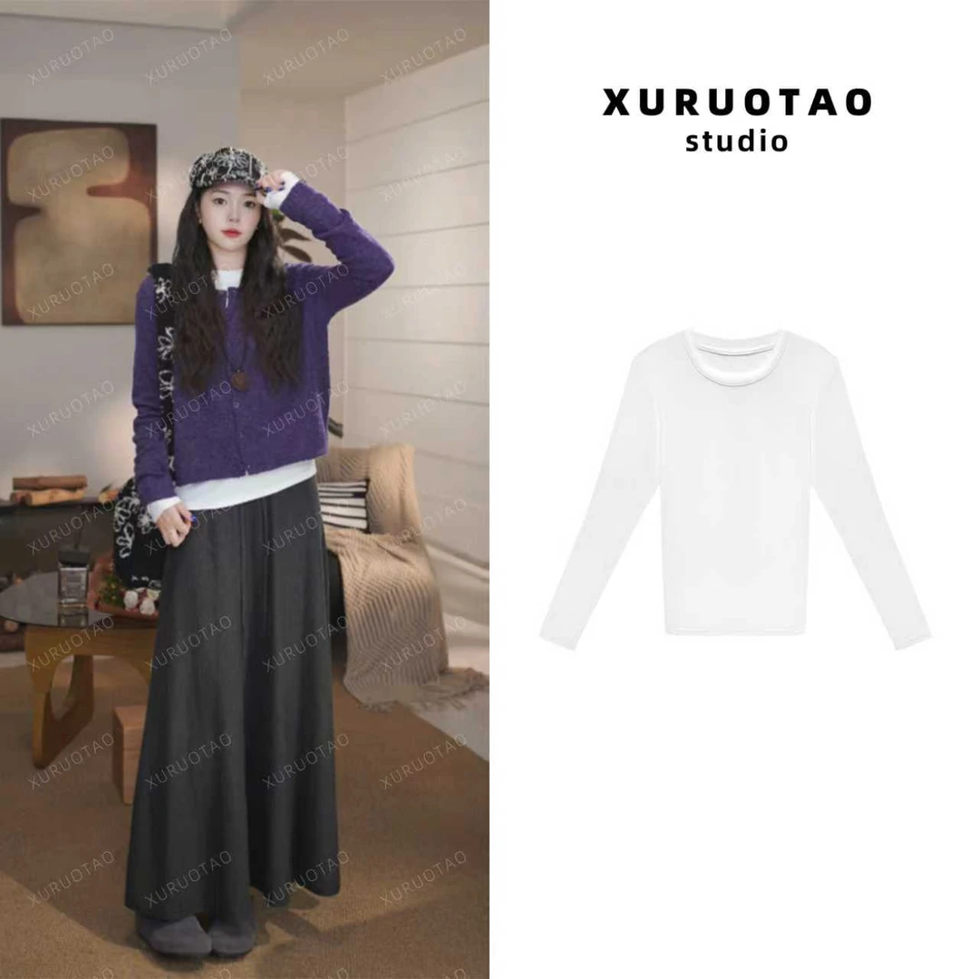 XURUOTAO 【宠爱肌肤】棉感百搭设计感白色长袖T恤上衣 T5593