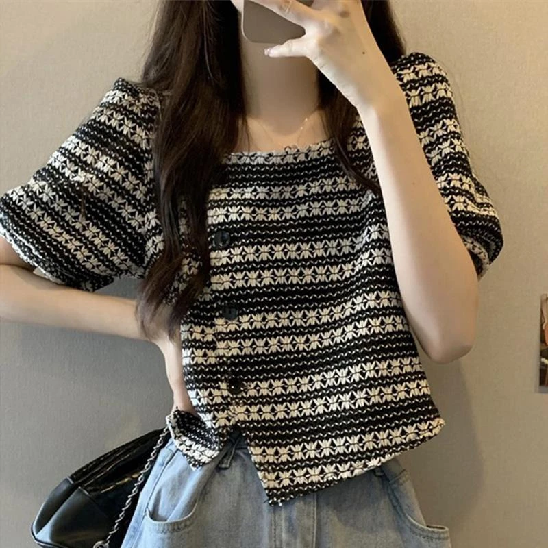 针织方领正肩短袖t恤女夏季法式复古条纹宽松显瘦不规则短款上衣