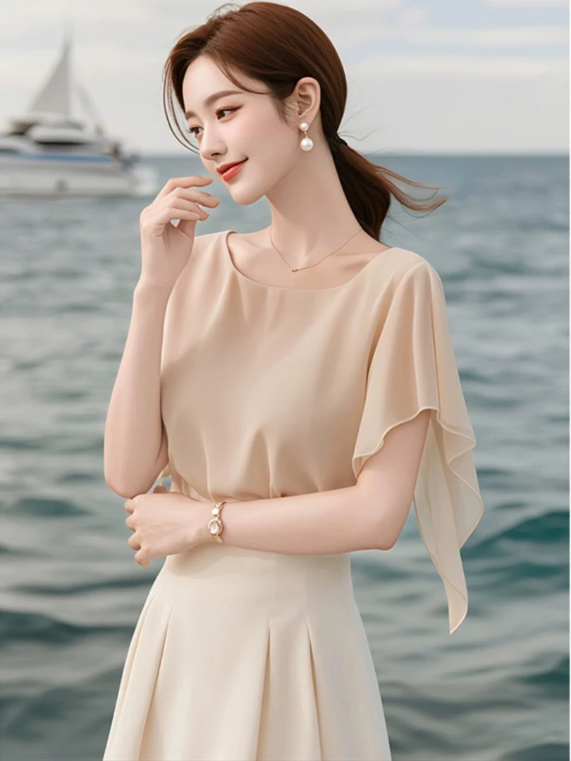 SS775独特漂亮小衫仙气飘飘气质通勤上衣法式杏色雪纺短袖衬衫女