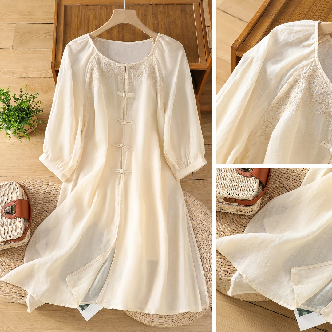 2025夏季新中式国风刺绣亚麻开衫盘扣中长款飘逸氛围感妈妈装衬衫