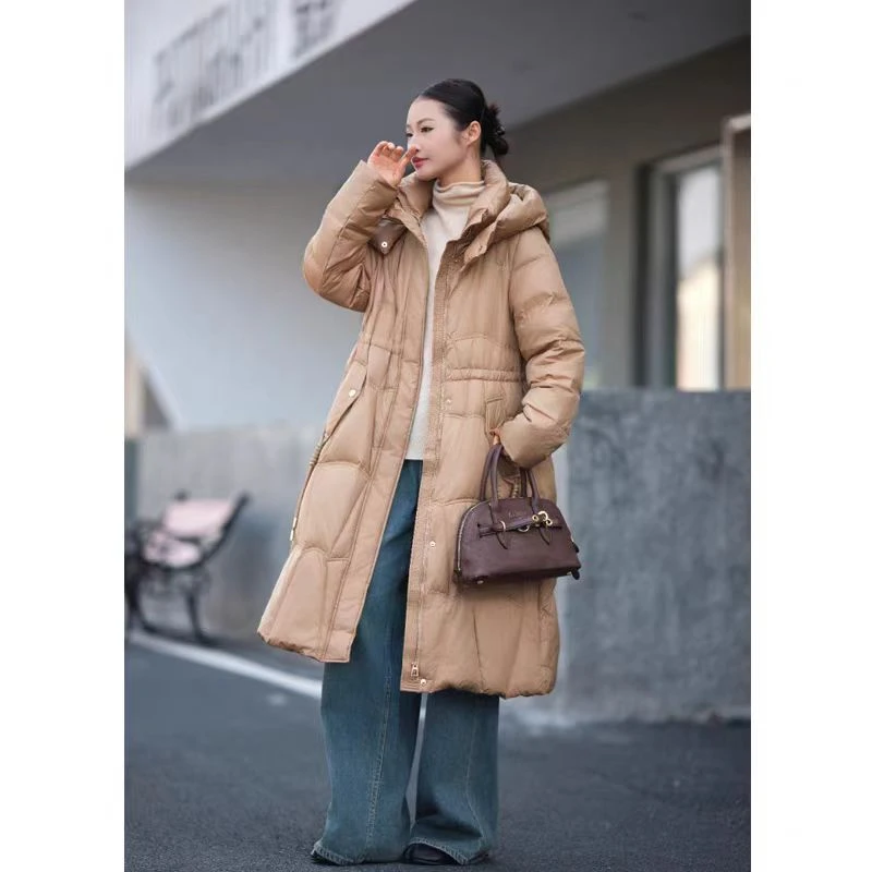 轻奢气质纯色连帽羽绒服长款过膝修身保暖外套14272(XL)